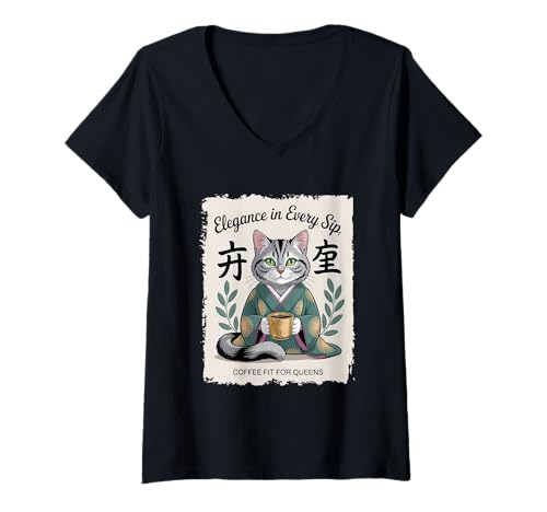 Damen Eleganz in jedem Schluck Katzenkaffeetrinker T-Shirt mit V-Ausschnitt von Elegant Cat Lover Designs