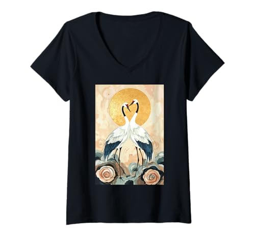 Damen Kraniche lieben den Sonnenuntergang, Blumenpaar, Rosengarten T-Shirt mit V-Ausschnitt Damen Kraniche lieben den Sonnenuntergang, Blumenpaar, Rosengarten T-Shirt mit V-Ausschnitt von Elegant Cranes Romantic Sun Blossom Romance