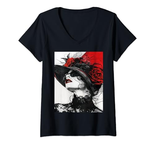 Damen Elegante Frau rote Rosen schwarze Spitze Mode Kunst T-Shirt mit V-Ausschnitt von Elegant Fashion Art