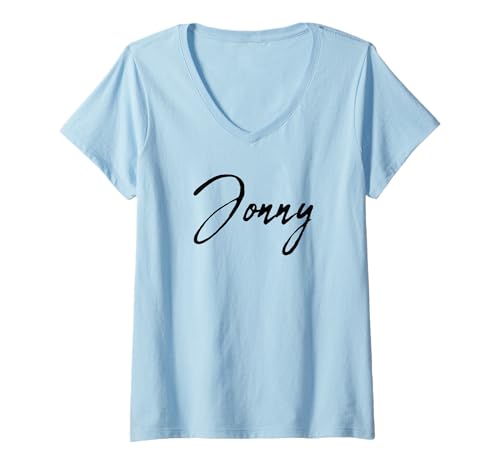 Damen Beautiful Handwritten Font Jonny Calligraphy T-Shirt mit V-Ausschnitt von Elegant Feminine Jonny Designs