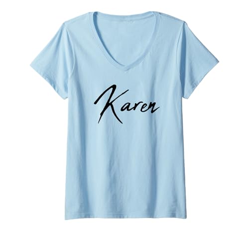 Damen Beautiful Handwritten Font Karen Calligraphy T-Shirt mit V-Ausschnitt von Elegant Feminine Karen Gift Ideas for Her