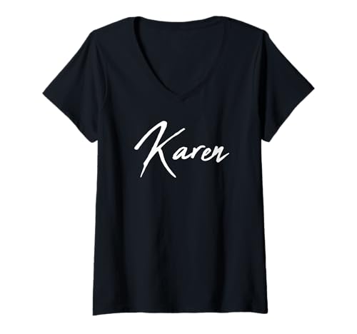 Damen Beautiful Handwritten Font Karen Calligraphy T-Shirt mit V-Ausschnitt von Elegant Feminine Karen Gift Ideas for Her