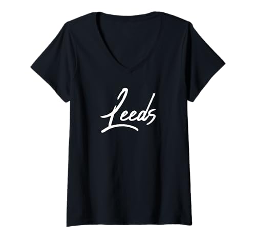 Damen Beautiful Handwritten Font Leeds Calligraphy T-Shirt mit V-Ausschnitt von Elegant Feminine Leeds Gift Ideas for Her