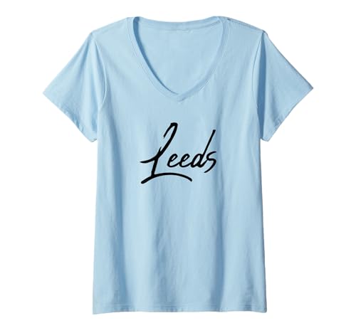 Damen Beautiful Handwritten Font Leeds Calligraphy T-Shirt mit V-Ausschnitt von Elegant Feminine Leeds Gift Ideas for Her