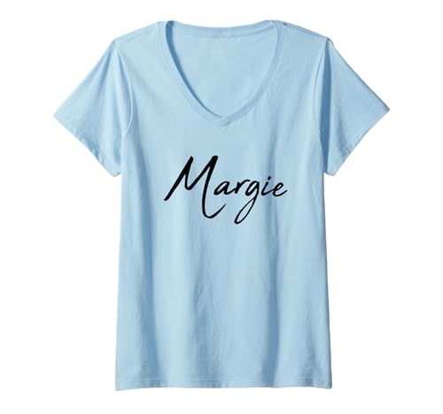Damen Beautiful Handwritten Font Margie Calligraphy T-Shirt mit V-Ausschnitt von Elegant Feminine Margie Designs