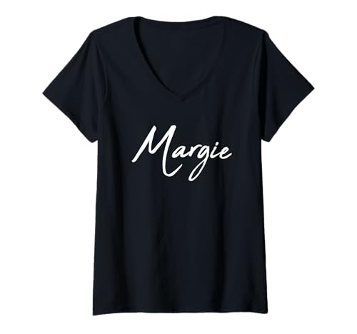 Damen Beautiful Handwritten Font Margie Calligraphy T-Shirt mit V-Ausschnitt von Elegant Feminine Margie Designs