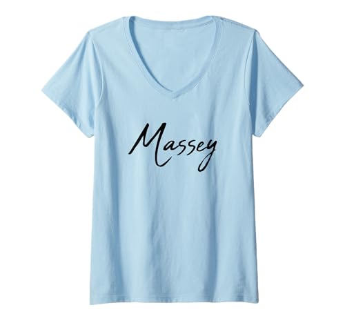 Damen Beautiful Handwritten Font Massey Calligraphy T-Shirt mit V-Ausschnitt von Elegant Feminine Massey Designs