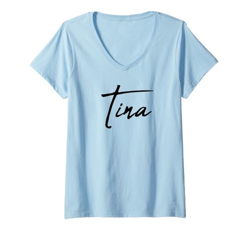 Damen Beautiful Handwritten Font Tina Calligraphy T-Shirt mit V-Ausschnitt von Elegant Feminine Tina Gift Ideas for Her