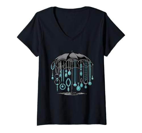 Damen Schicker Regenschirm mit hängendem Schmuckmotiv T-Shirt mit V-Ausschnitt Damen Schicker Regenschirm mit hängendem Schmuckmotiv T-Shirt mit V-Ausschnitt von Elegant Jewelry Umbrella Display Art