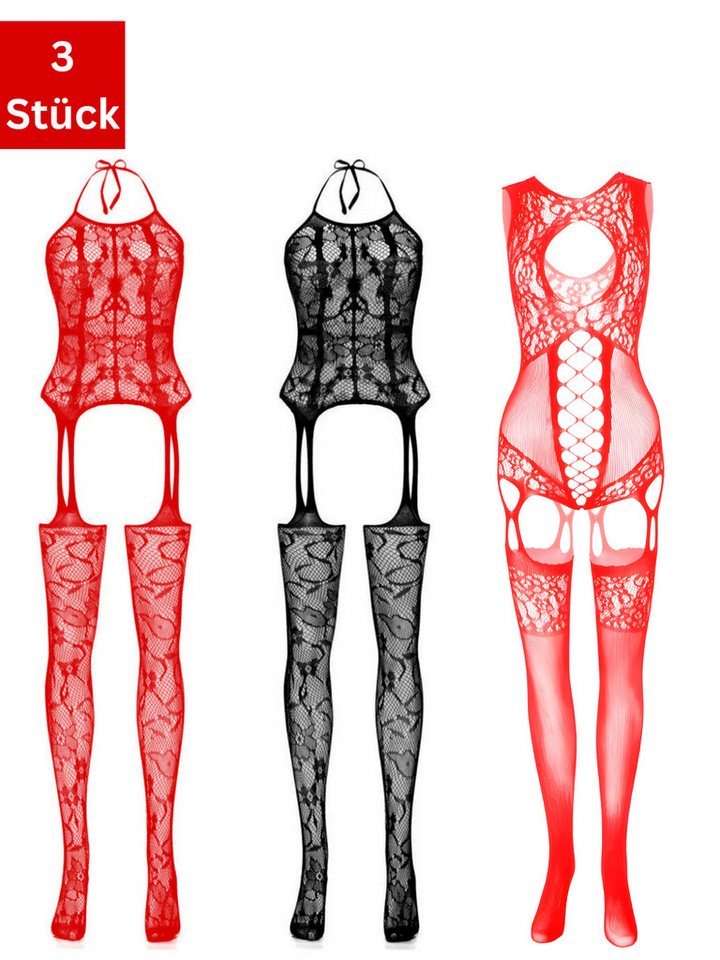 Elegant Love Bodystocking-Ouvert Netz-Catsuit für Damen – Strumpfbody Reizwäsche mit offenem Schritt (Packung 3 St. 3er-Pack) Lingerie mit Ouvert-Details – Elegante Dessous in Einheitsgröße (S–XL) von Elegant Love
