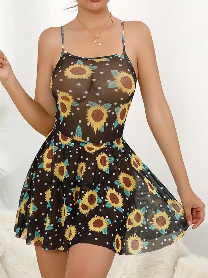 Elegant Love Negligé Nachtkleid für Damen – Transparente Lingerie mit Blumenmuster Trägerkleid mit Rücken-Schnürung – leichte Reizwäsche für warme Nächte von Elegant Love