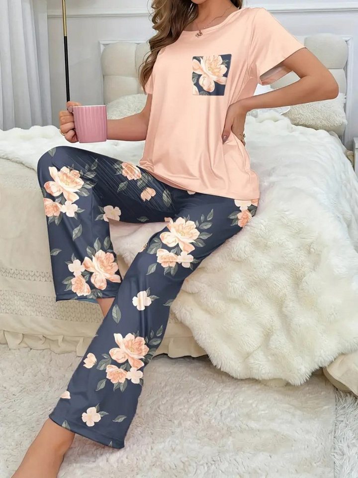 Elegant Love Pyjama Damen Schlafanzug Set mit Blumenmuster – Bequeme Nachtwäsche (Set, 2 tlg., kurzarm T-Shirt und lange Hose) Elegante Loungewear & Homewear für ein gemütliches Zuhause von Elegant Love