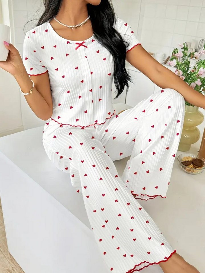 Elegant Love Pyjama Gemütlicher Damen-Schlafanzug mit Blumenmuster – Loungewear-Set (Set, 2 tlg., Kurzarm-Oberteil und lange Hose) Weicher Hausanzug mit Print – Nachtwäsche-Set im stilvollen Design von Elegant Love