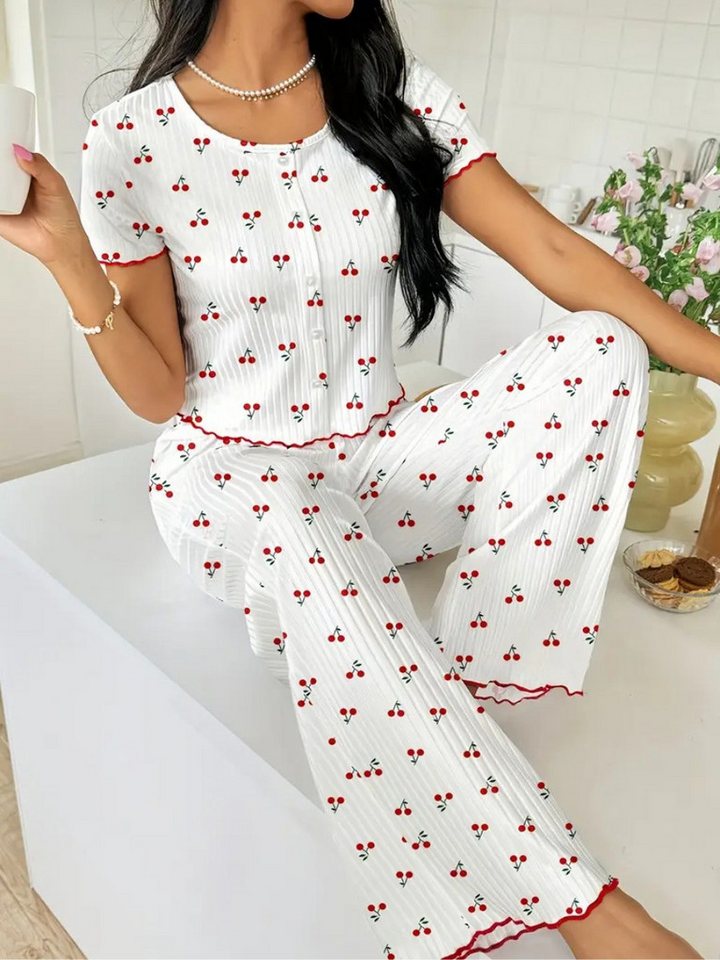 Elegant Love Pyjama Gemütlicher Damen-Schlafanzug mit Blumenmuster – Loungewear-Set (Set, 2 tlg., Kurzarm-Oberteil und lange Hose) Weicher Hausanzug mit Print – Nachtwäsche-Set im stilvollen Design von Elegant Love