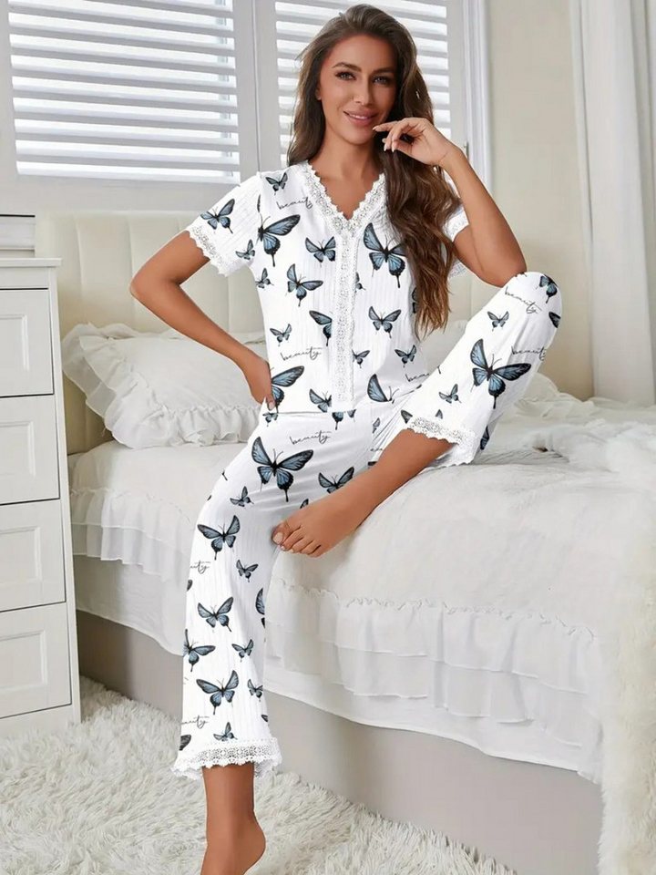 Elegant Love Pyjama Schlafanzug für Damen – gemütliche Loungewear mit Blumenmuster (Set, 2 tlg., Kurzarm-Oberteil und lange Hose) Eleganter Hausanzug im Set – weiche Nachtwäsche mit Print von Elegant Love