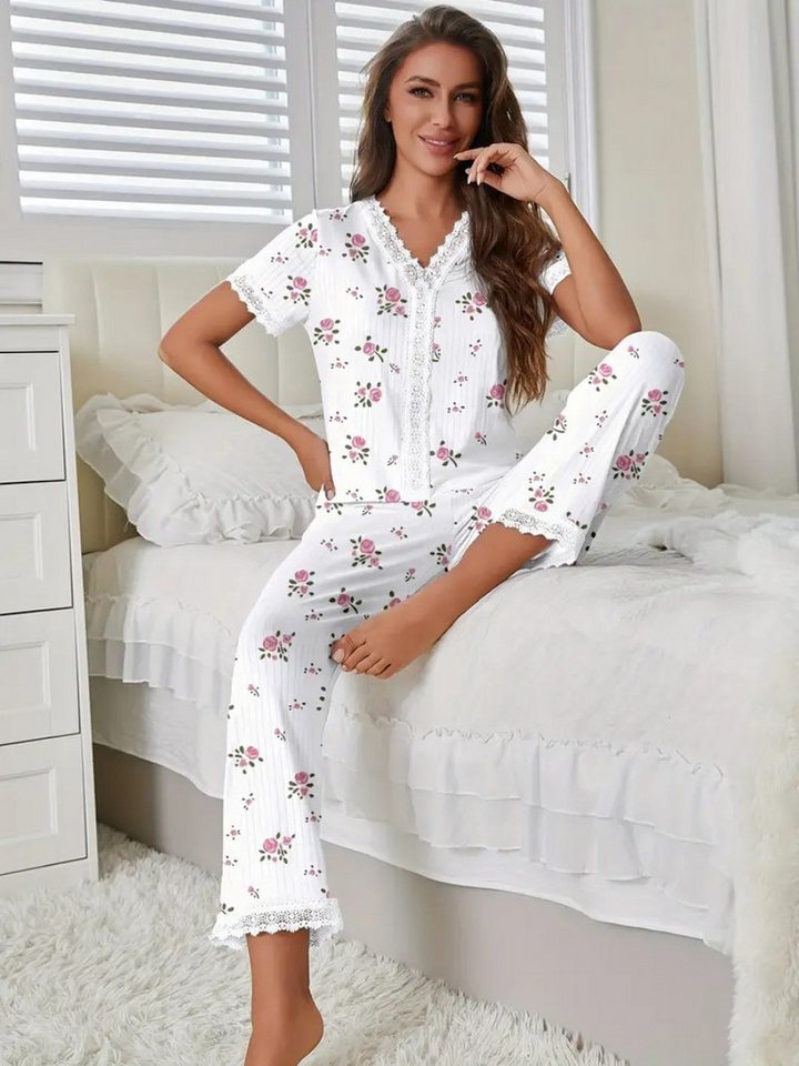 Elegant Love Pyjama Schlafanzug für Damen – gemütliche Loungewear mit Blumenmuster (Set, 2 tlg., Kurzarm-Oberteil und lange Hose) Eleganter Hausanzug im Set – weiche Nachtwäsche mit Print von Elegant Love