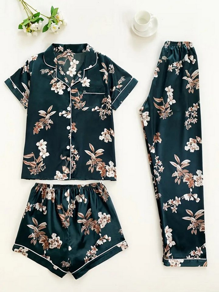 Elegant Love Schlafanzug Nachtwäsche-Set für Damen – Loungewear für entspannte Nächte (Set, 3 tlg., Kurzarm-Oberteil + langer Hose + Shorts) Elegantes Pyjama-Set mit Blumenmuster – Satin-Schlafoutfit von Elegant Love