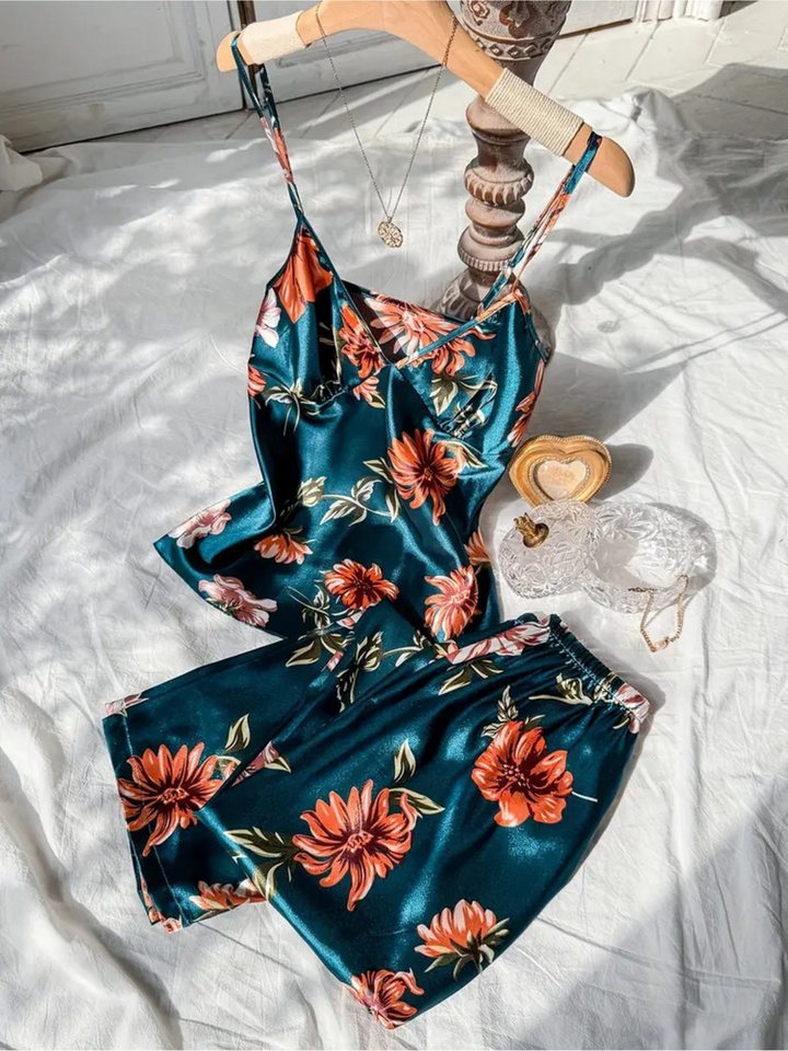 Elegant Love Schlafanzug Satin Pyjama Set mit Blumenmuster – Bequeme Damen-Nachtwäsche (Set, 2 tlg., Spaghettiträger-Top + Weite Hose) Luxuriöse Loungewear – Perfekte Homewear für stilvolle Entspannung von Elegant Love