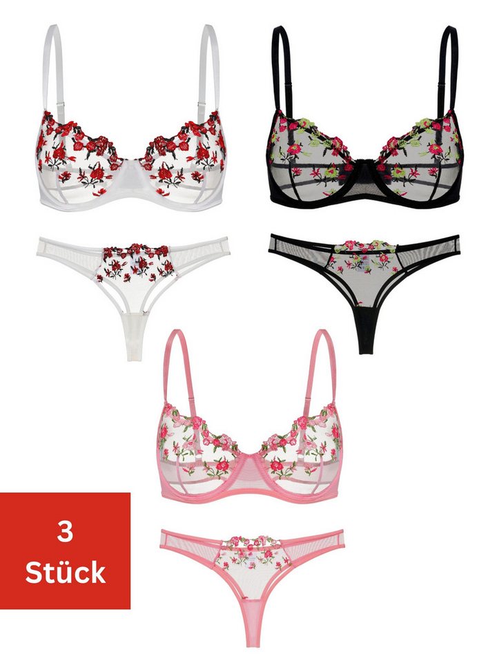 Elegant Love Set: Bügel-BH Besticktes Dessous-Set – Elegantes Lingerie Set für Damen (3er Pack BH-Set (je 1 BH + 1 String, Panty) Transparente Mesh-Unterwäsche – Reizwäsche (3er Set) von Elegant Love