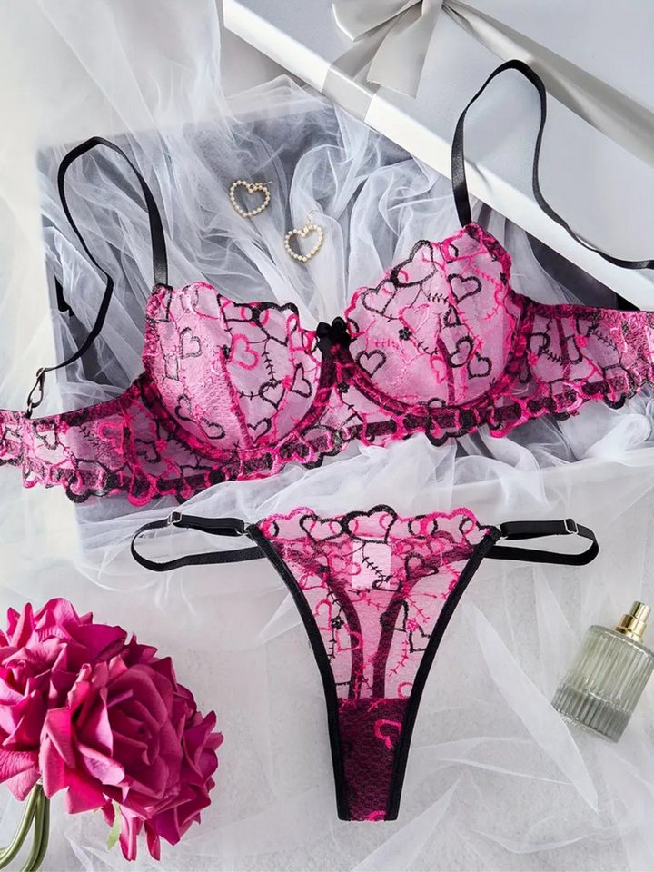 Elegant Love Set: Bügel-BH Elegantes Dessous-Set - Lingerie-Set mit Tanga (Set, 2-tlg., mit String) Damenunterwäsche, Herzmuster BH-Set aus feiner Spitze - Reizwäsche von Elegant Love