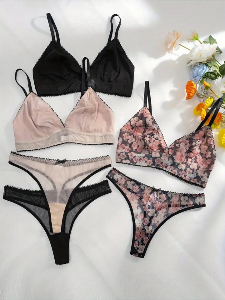 Elegant Love Set: Bügelloser BH Dessous-Set aus Spitze – Romantisches Bralette & String (Set, 2-tlg., mit Tanga, 3-er Pack) Cami-BH & Slip – Komfortables Unterwäsche-Set von Elegant Love