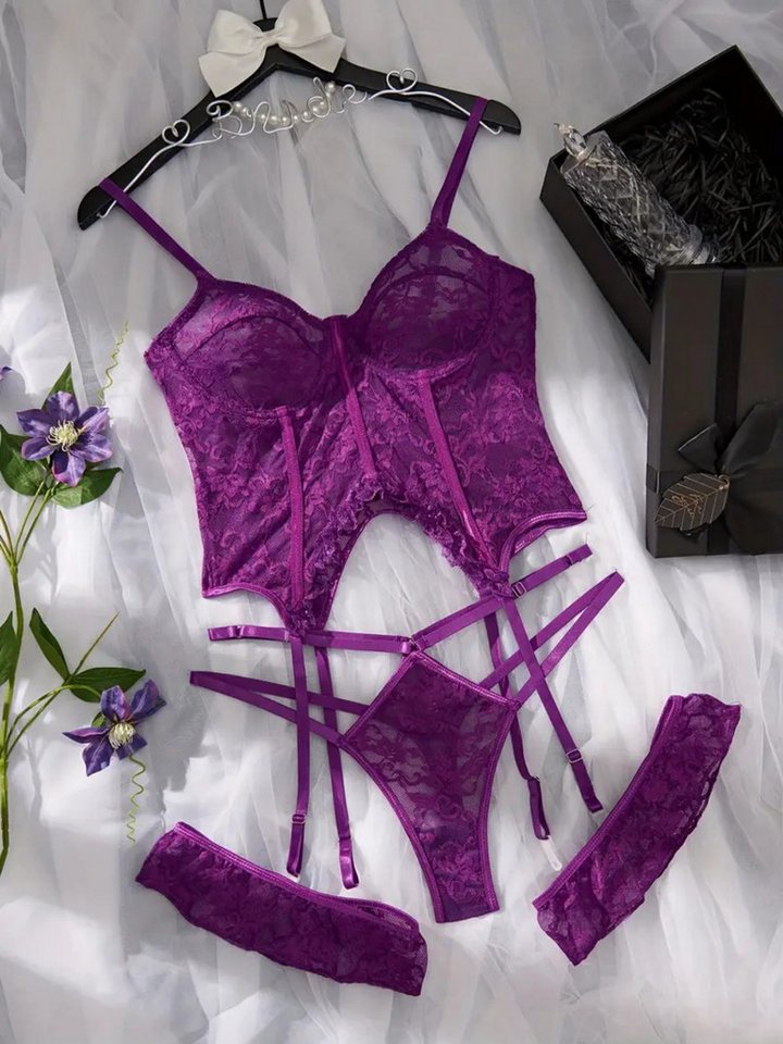 Elegant Love Set: Corsage Sexy Spitzen-Dessous-Set – Lingerie mit String & Stulpen (Set, 3-tlg., Longline-Top mit Strapshaltern + Tanga + Spitzen-Oberschenkelband) Edle Damenunterwäsche – Sinnliche Reizwäsche in Spitzenoptik von Elegant Love