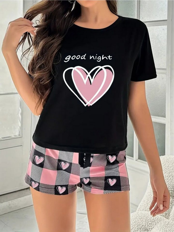 Elegant Love Shorty Eleganter Damen-Schlafanzug – Pyjama-Set & Loungewear (Set, 2 tlg., Kurzarm-T-Shirt und Shorts) Bequemes Homewear-Set – Nachtwäsche mit Herzdesign und Karooptik von Elegant Love