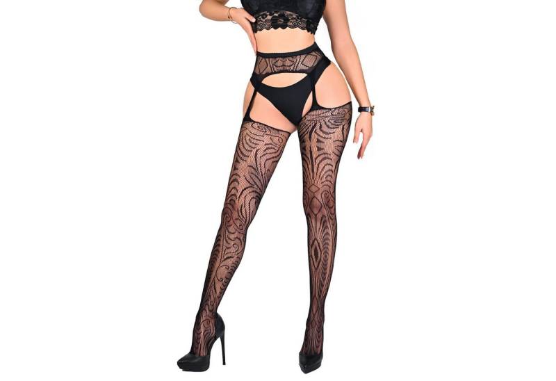 Elegant Love Strapsstrümpfe Halterlose Netzstrümpfe mit Spitze & Muster – Strapsgürtel-Look Ouvert-Dessous für Damen – Elegante Lingerie mit offenem Detail von Elegant Love