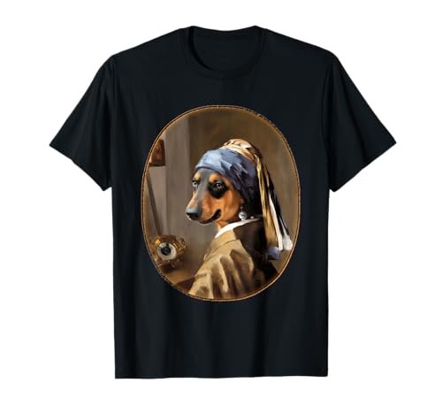 Mädchen mit Perle Ohrring Hund Parodie Kunst Lustig Jan Vermeer T-Shirt von Elegant Puppy Art Parodies and Humorous Dog