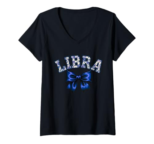 Damen Waage Sternzeichen Blaue Schleife Chinoiserie Kokette Stil T-Shirt mit V-Ausschnitt Damen Waage Sternzeichen Blaue Schleife Chinoiserie Kokette Stil T-Shirt mit V-Ausschnitt von Elegant Zodiac Aesthetic