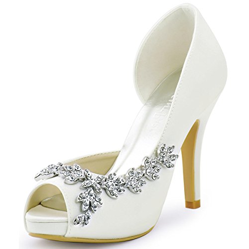 Elegantpark HP1560IAC Peep Zehen Damen Strass Pumps Plateu Hoch Absatz Satin Tanz Brautschuhe Ivory Gr.40 von Elegantpark