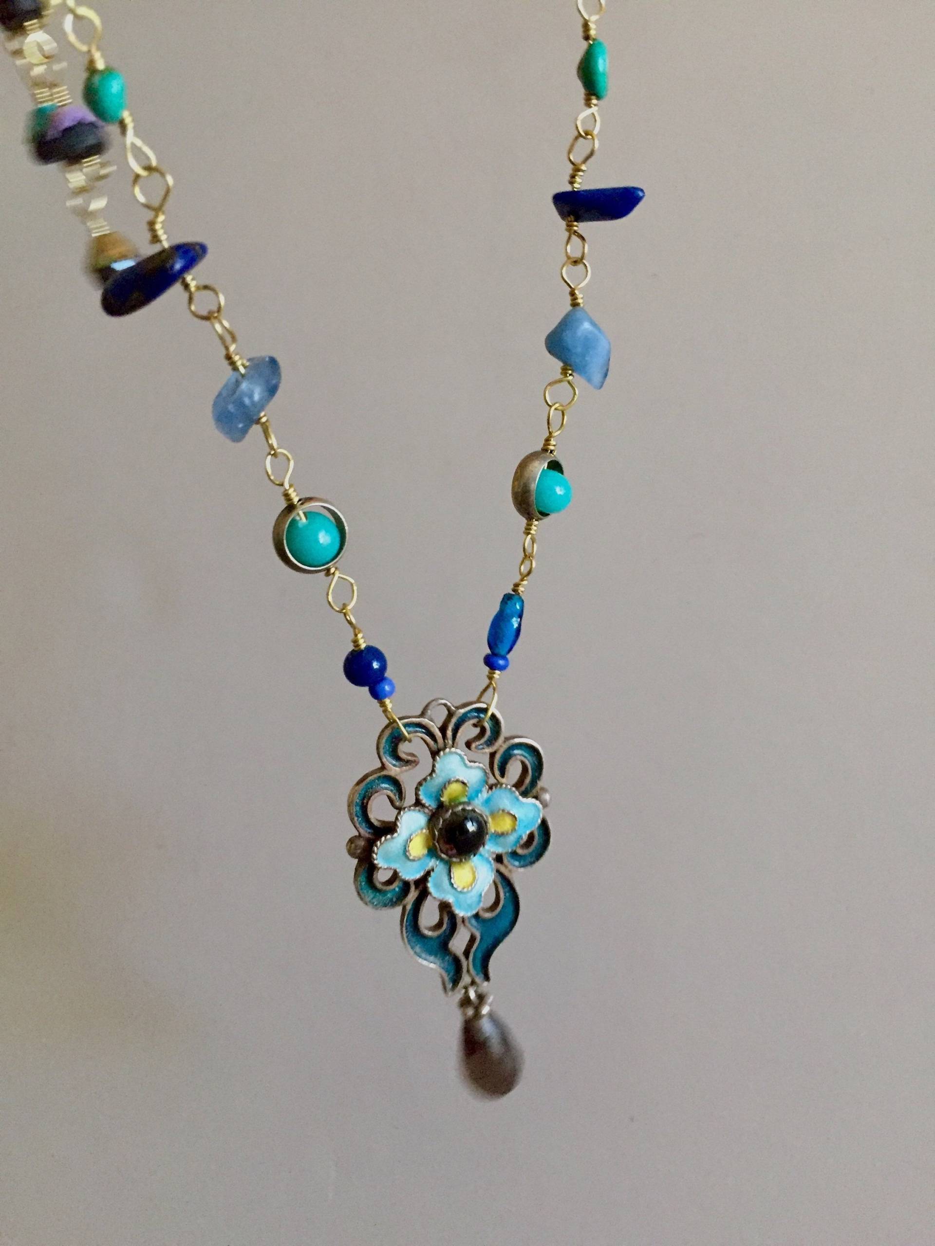 Vintage Halskette, Silber, Zweckentfremdet, Montage, Recycling, Perlen Stein, Blauer Edelstein, Boho Schmuck, Frauen Geschenk, Schmuck-Set von ElegantSteamjewelry