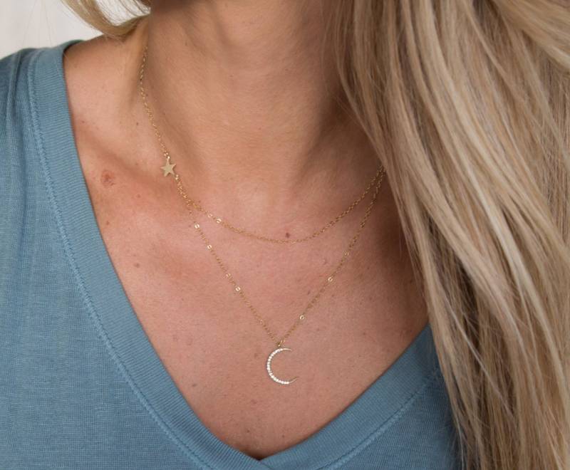 Mond Und Stern Doppelschicht Halskette, Mehrstrang Layering Minimalist Schmuck Geschenk Für Sie, Halskette von ElegantSwan