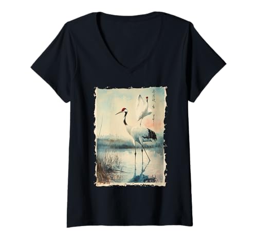 Damen Kraniche Kanji Sakura Japan Natur - Sonnenaufgang Zen T-Shirt mit V-Ausschnitt Damen Kraniche Kanji Sakura Japan Natur - Sonnenaufgang Zen T-Shirt mit V-Ausschnitt von Eleganter Vogel Friedliches Ästhetisches Geschenk