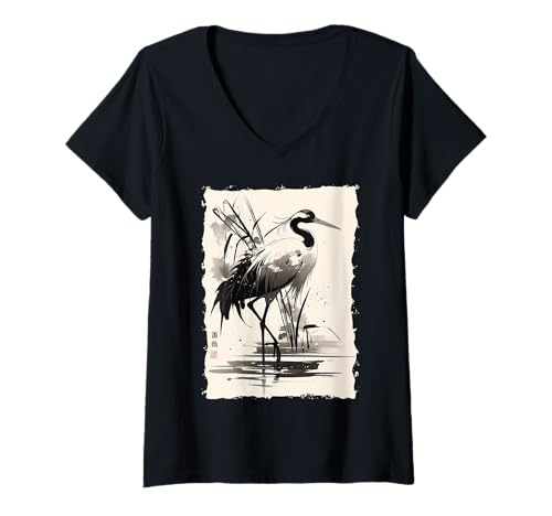 Damen Kraniche Kanji Sakura Japan Natur - Sonnenaufgang Zen T-Shirt mit V-Ausschnitt von Eleganter Vogel Friedliches Ästhetisches Geschenk