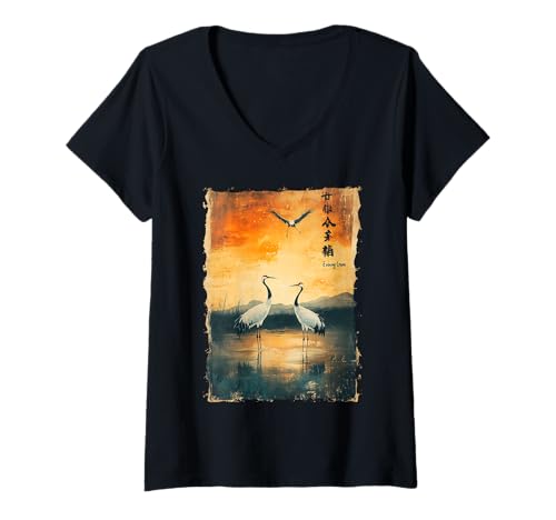 Damen Kraniche Kanji Sakura Japan Natur - Sonnenaufgang Zen T-Shirt mit V-Ausschnitt von Eleganter Vogel Friedliches Ästhetisches Geschenk