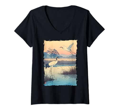 Damen Kraniche Kanji Sakura Japan Natur - Sonnenaufgang Zen T-Shirt mit V-Ausschnitt von Eleganter Vogel Friedliches Ästhetisches Geschenk