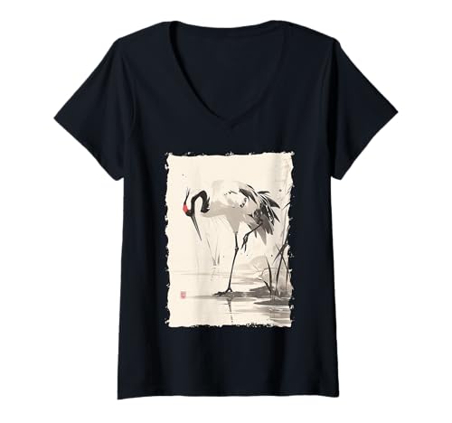 Damen Kraniche Kanji Sakura Japan Natur - Sonnenaufgang Zen T-Shirt mit V-Ausschnitt von Eleganter Vogel Friedliches Ästhetisches Geschenk