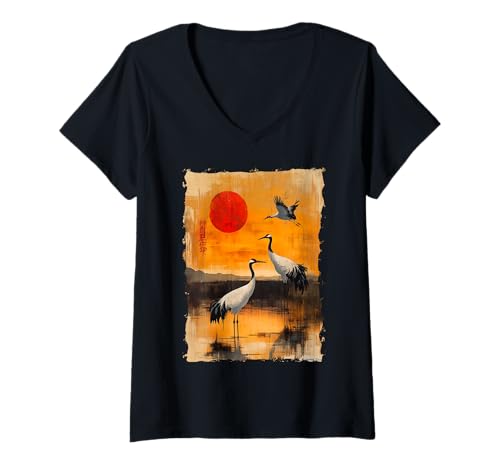 Damen Kraniche Kanji Sakura Japan Natur - Sonnenaufgang Zen T-Shirt mit V-Ausschnitt Damen Kraniche Kanji Sakura Japan Natur - Sonnenaufgang Zen T-Shirt mit V-Ausschnitt von Eleganter Vogel Friedliches Ästhetisches Geschenk