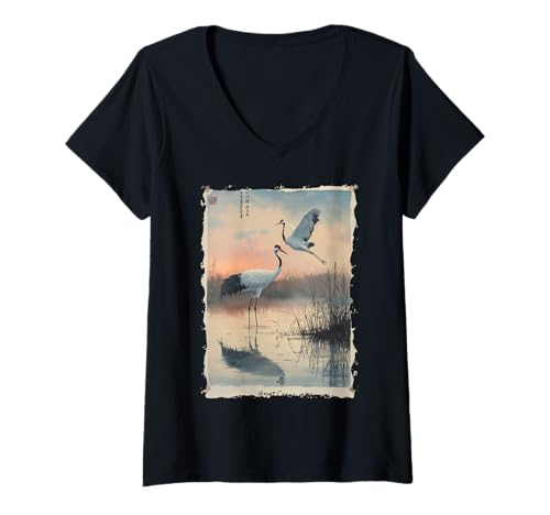 Damen Kraniche Kanji Sakura Japan Natur - Sonnenaufgang Zen T-Shirt mit V-Ausschnitt Damen Kraniche Kanji Sakura Japan Natur - Sonnenaufgang Zen T-Shirt mit V-Ausschnitt von Eleganter Vogel Friedliches Ästhetisches Geschenk