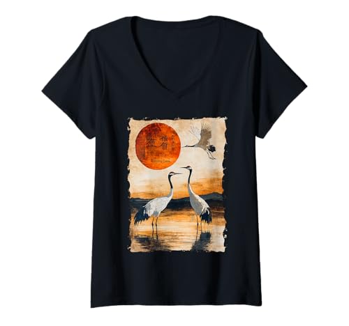 Damen Kraniche Kanji Sakura Japan Natur - Sonnenaufgang Zen T-Shirt mit V-Ausschnitt von Eleganter Vogel Friedliches Ästhetisches Geschenk
