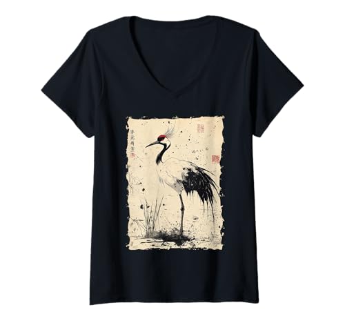 Damen Kraniche Kanji Sakura Japan Natur - Sonnenaufgang Zen T-Shirt mit V-Ausschnitt von Eleganter Vogel Friedliches Ästhetisches Geschenk