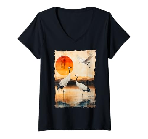 Damen Kraniche Kanji Sakura Japan Natur - Sonnenaufgang Zen T-Shirt mit V-Ausschnitt Damen Kraniche Kanji Sakura Japan Natur - Sonnenaufgang Zen T-Shirt mit V-Ausschnitt von Eleganter Vogel Friedliches Ästhetisches Geschenk