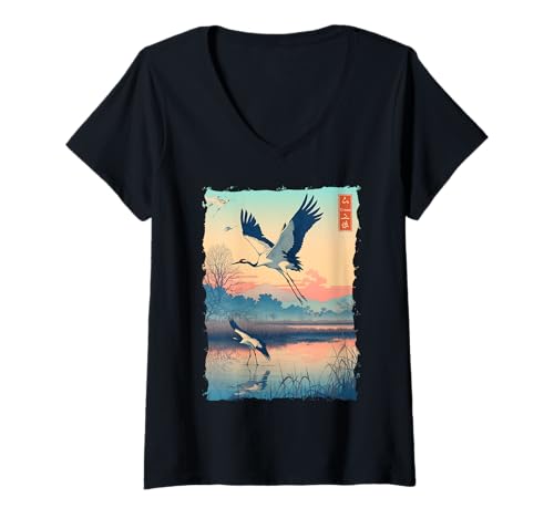 Damen Kraniche Kanji Sakura Japan Natur - Sonnenaufgang Zen T-Shirt mit V-Ausschnitt Damen Kraniche Kanji Sakura Japan Natur - Sonnenaufgang Zen T-Shirt mit V-Ausschnitt von Eleganter Vogel Friedliches Ästhetisches Geschenk