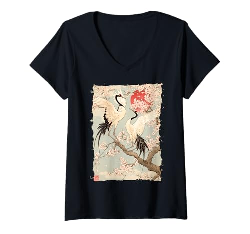 Damen Kraniche Kanji Sakura Japan Natur - Sonnenaufgang Zen T-Shirt mit V-Ausschnitt Damen Kraniche Kanji Sakura Japan Natur - Sonnenaufgang Zen T-Shirt mit V-Ausschnitt von Eleganter Vogel Friedliches Ästhetisches Geschenk