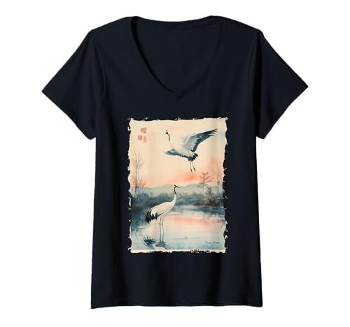 Damen Kraniche Kanji Sakura Japan Natur - Sonnenaufgang Zen T-Shirt mit V-Ausschnitt von Eleganter Vogel Friedliches Ästhetisches Geschenk
