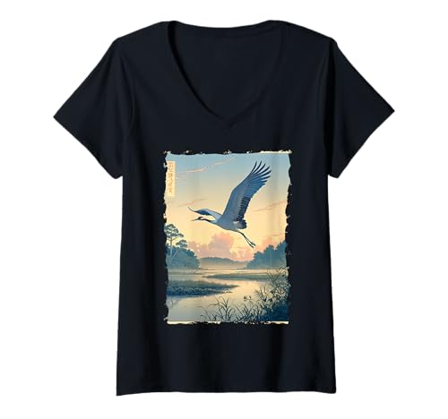 Damen Kraniche Kanji Sakura Japan Natur - Sonnenaufgang Zen T-Shirt mit V-Ausschnitt Damen Kraniche Kanji Sakura Japan Natur - Sonnenaufgang Zen T-Shirt mit V-Ausschnitt von Eleganter Vogel Friedliches Ästhetisches Geschenk