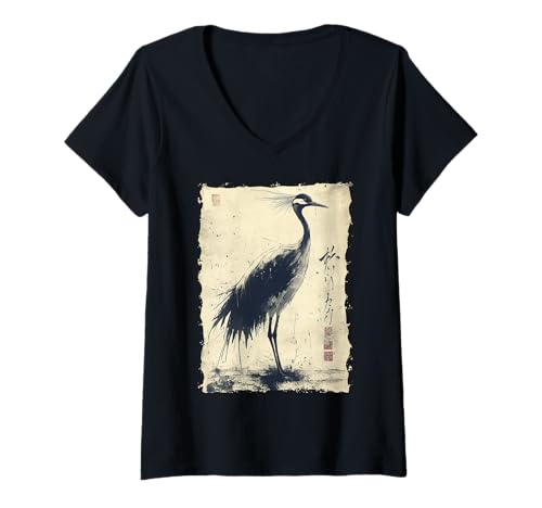 Damen Kraniche Kanji Sakura Japan Natur - Sonnenaufgang Zen T-Shirt mit V-Ausschnitt von Eleganter Vogel Friedliches Ästhetisches Geschenk
