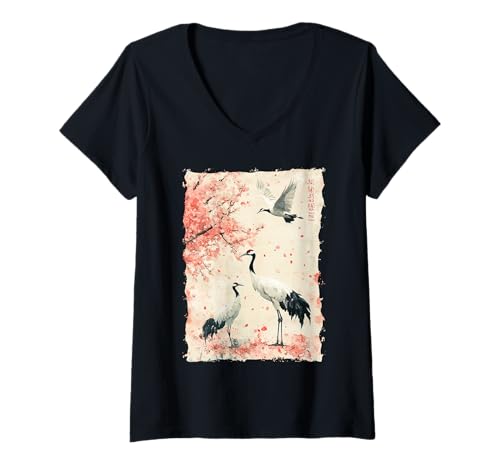Damen Kraniche Kanji Sakura Japan Natur - Sonnenaufgang Zen T-Shirt mit V-Ausschnitt Damen Kraniche Kanji Sakura Japan Natur - Sonnenaufgang Zen T-Shirt mit V-Ausschnitt von Eleganter Vogel Friedliches Ästhetisches Geschenk