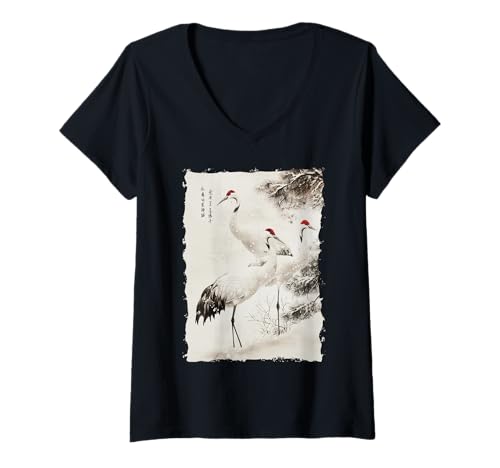 Damen Kraniche Kanji Sakura Japan Natur - Sonnenaufgang Zen T-Shirt mit V-Ausschnitt Damen Kraniche Kanji Sakura Japan Natur - Sonnenaufgang Zen T-Shirt mit V-Ausschnitt von Eleganter Vogel Friedliches Ästhetisches Geschenk
